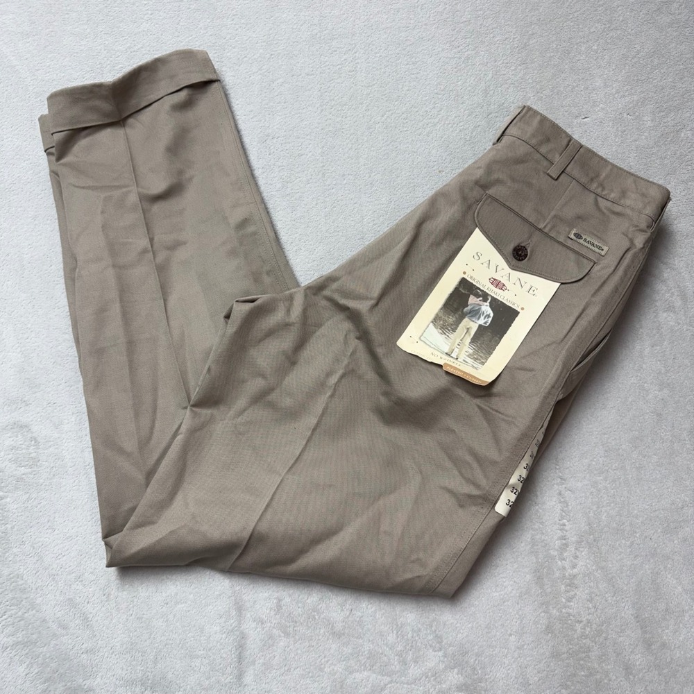 Savane Mens Pleated Khaki Pants 32x32 Beige Cotton No Wrinkle Cuffed Trousers